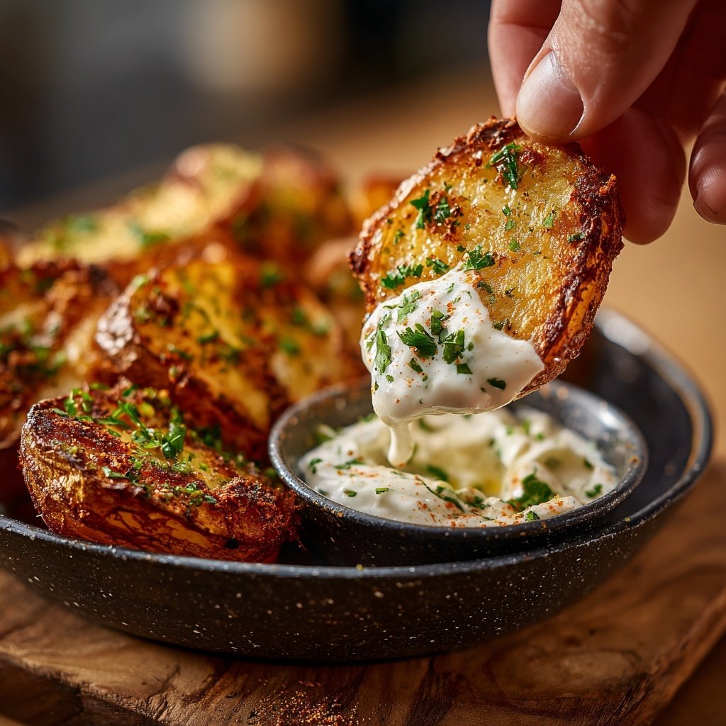 Abendessen mit Ofenkartoffeln und Dip