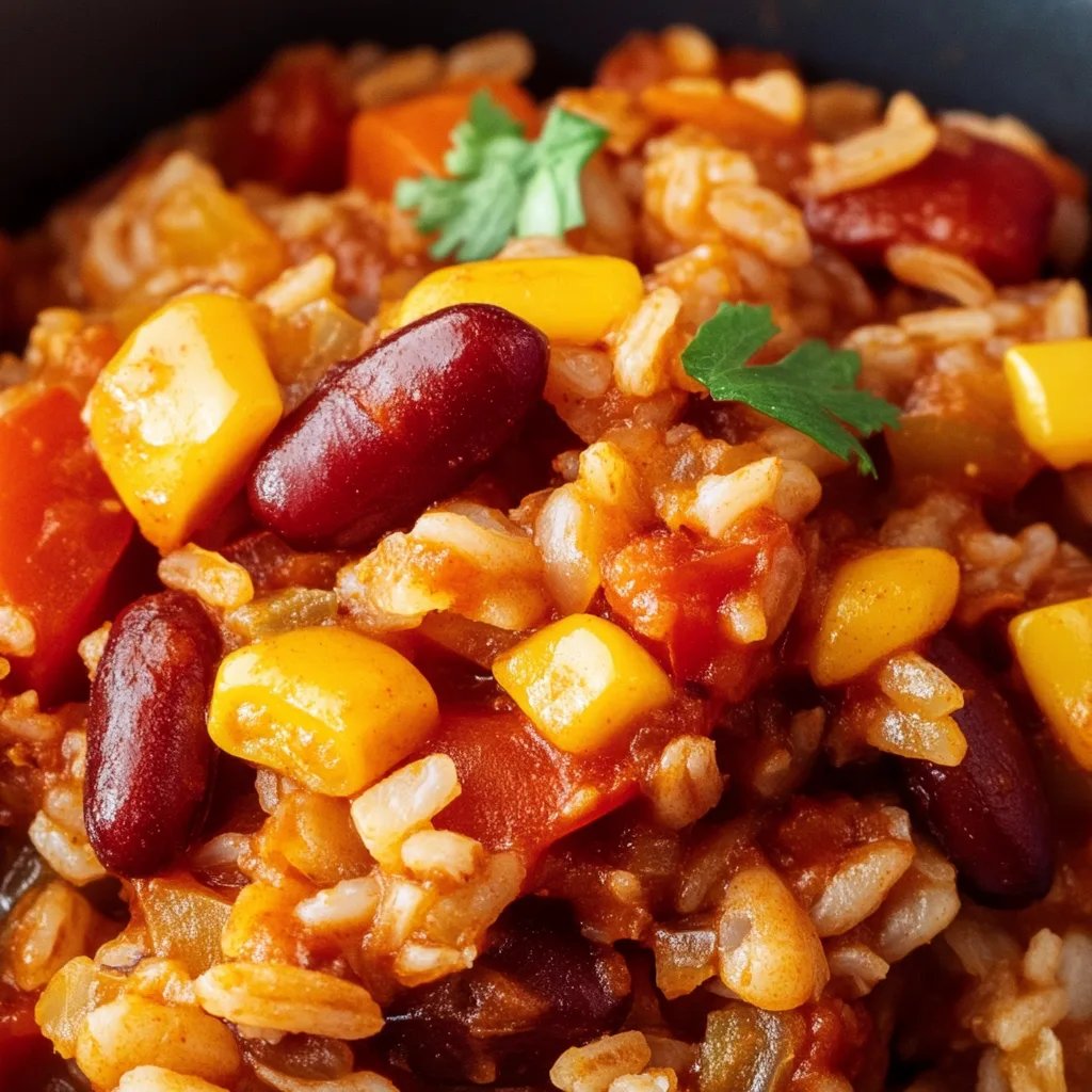 Vegetarische Reispfanne mit Kidneybohnen, Mais und Paprika